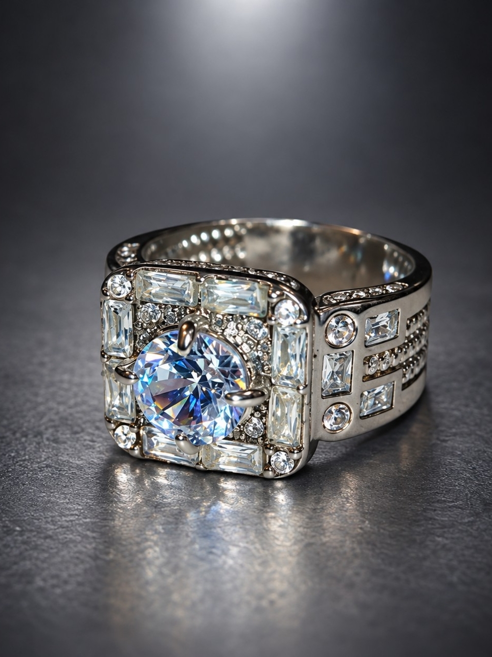Men’s Blue CZ Statement Ring Silver Tone Iced Out Size 8